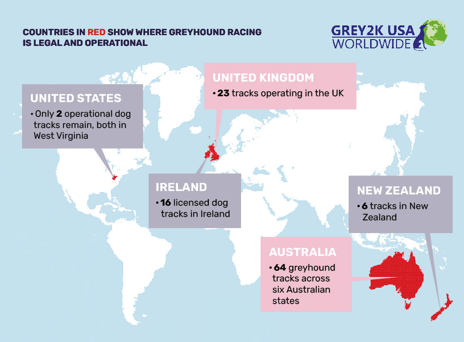 Worldwide map where greyhound racing is legal and operational